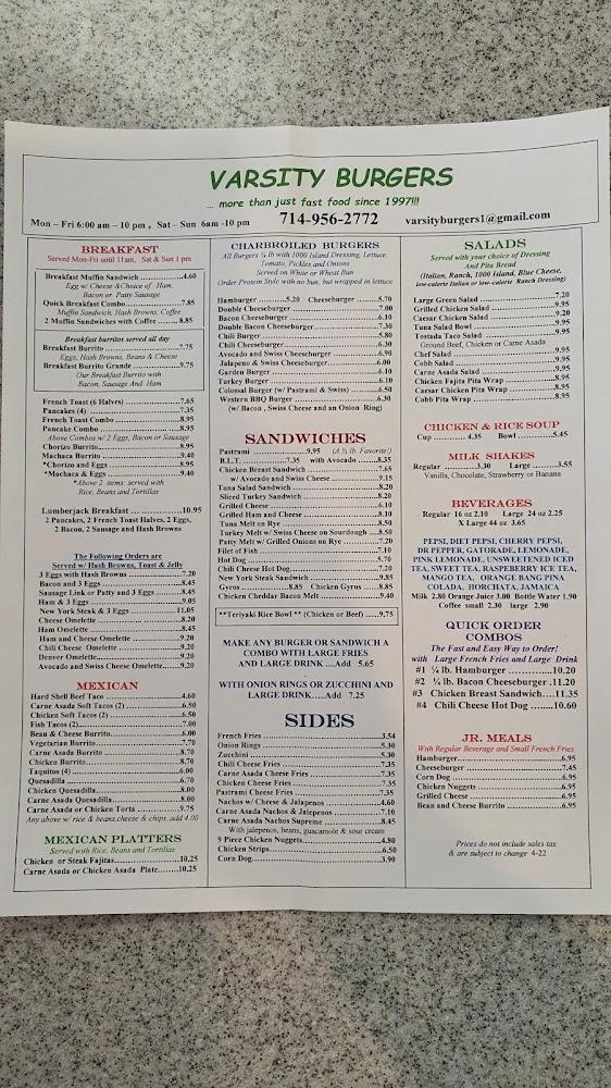 Varsity Burgers - Menu Scan 1