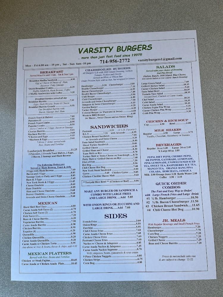 Varsity Burgers - Menu Scan 2