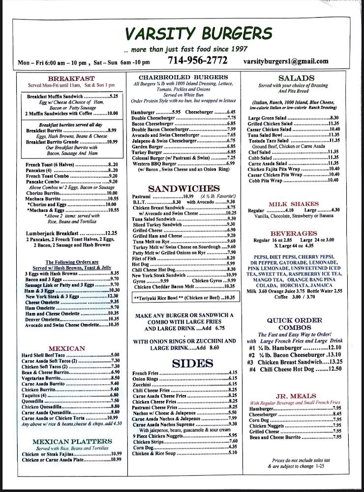 Varsity Burgers - Menu Scan 3